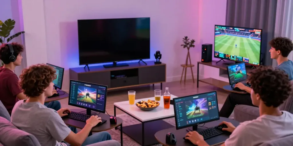 Online gaming community enjoying the DA88 platform in a lively living room.