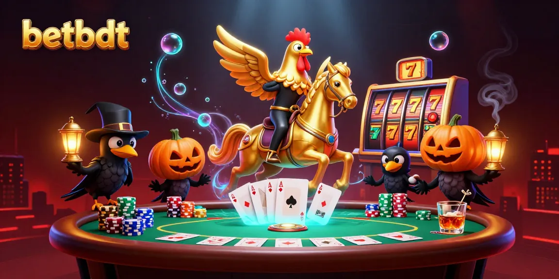 Engage with betbdt's vibrant casino adventure showcasing a golden rooster amidst poker and slot elements.