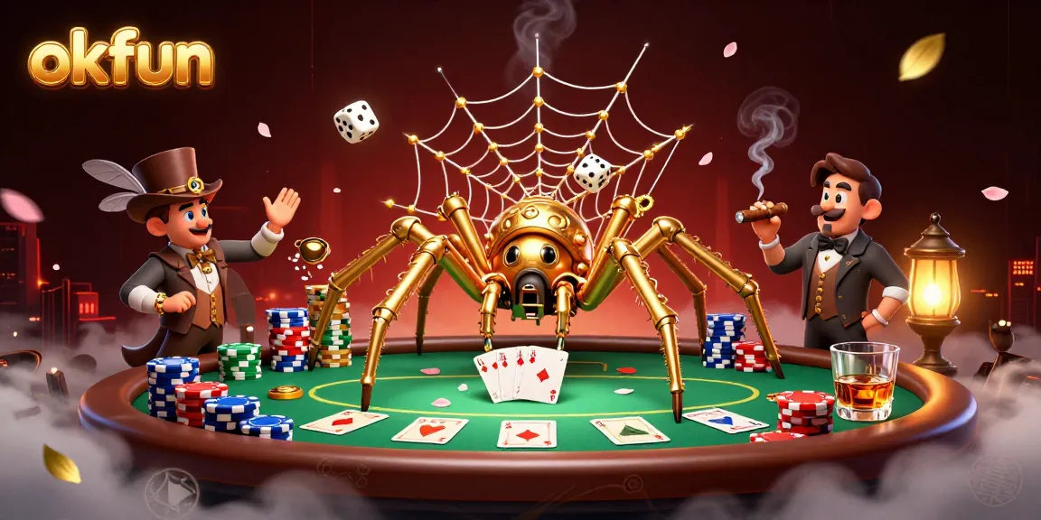 Experience exciting gaming at okfun with a vibrant casino scene featuring a whimsical steampunk spider and poker elements.