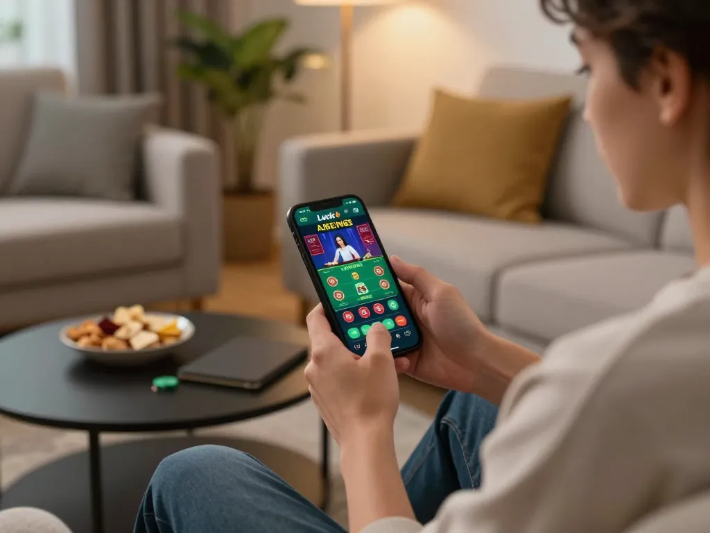 Playing games on the luck8 casino mobile app, engaging in live online gambling experience from home.