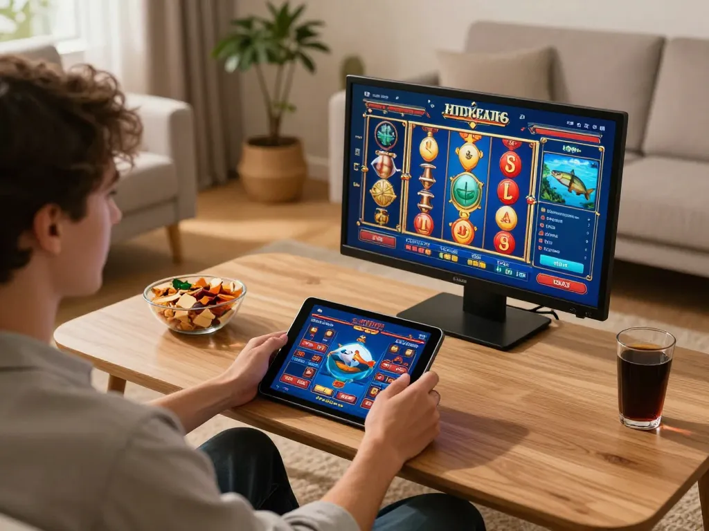 Player engaging with online slots at home, experiencing 78wintl's exciting gameplay.