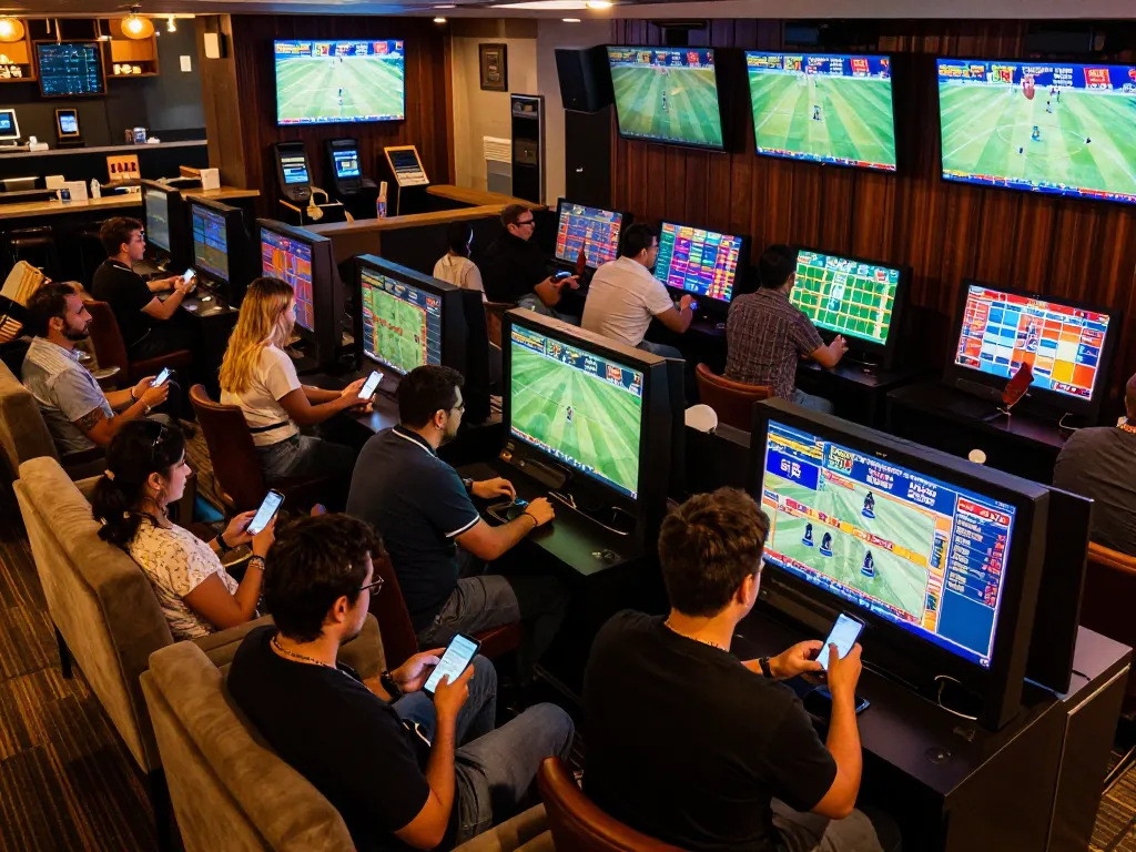 Excited bettors strategizing sports bets at 789betgo sports lounge, vibrant screens all around.