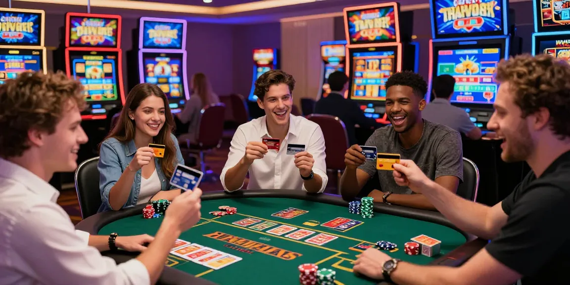 Exciting credit card casino scene at https://being-there.org.uk with players enjoying games, vibrant lighting, and Mastercard in hand.