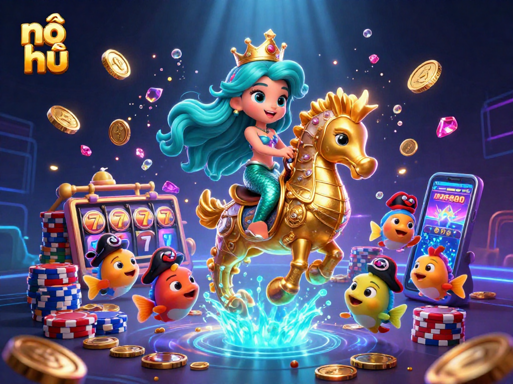 Nổ hũ jackpots inspire excitement in vibrant underwater slot adventure scene with whimsical mermaid characters.