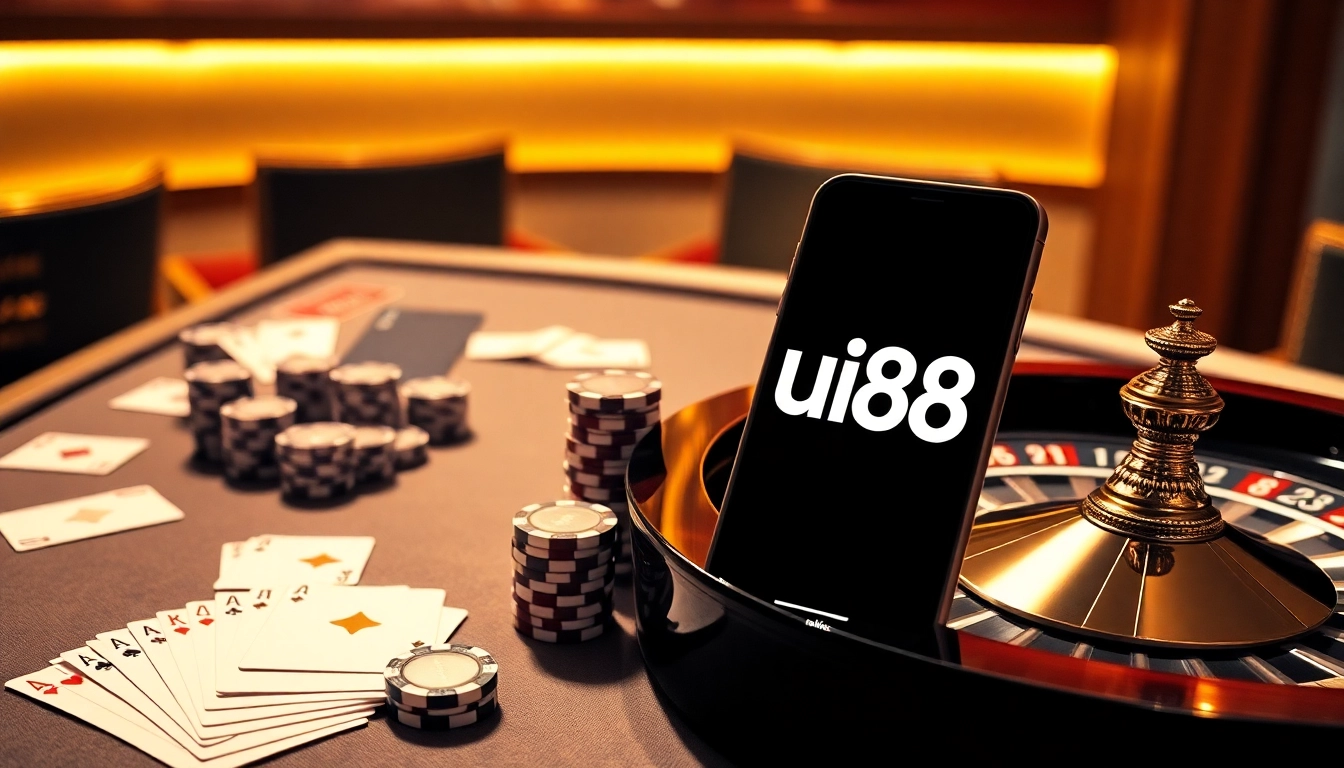 Experience thrilling games at uu88 with a dazzling casino table, cards, and chips.