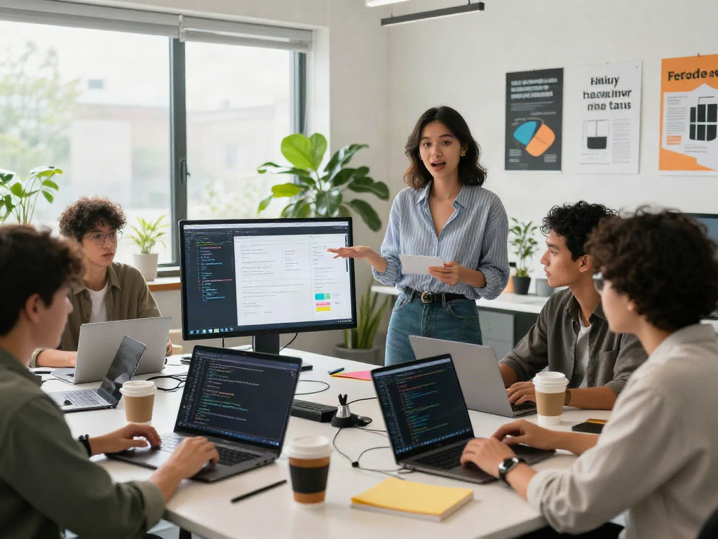 Creative tech collaboration scene with developers discussing ia +18 applications.
