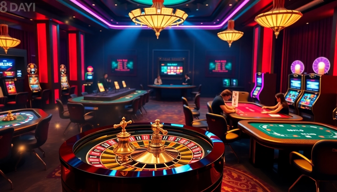 Engaging scene of Nhà cái 8DAY with roulette and card games in a luxurious casino ambiance.