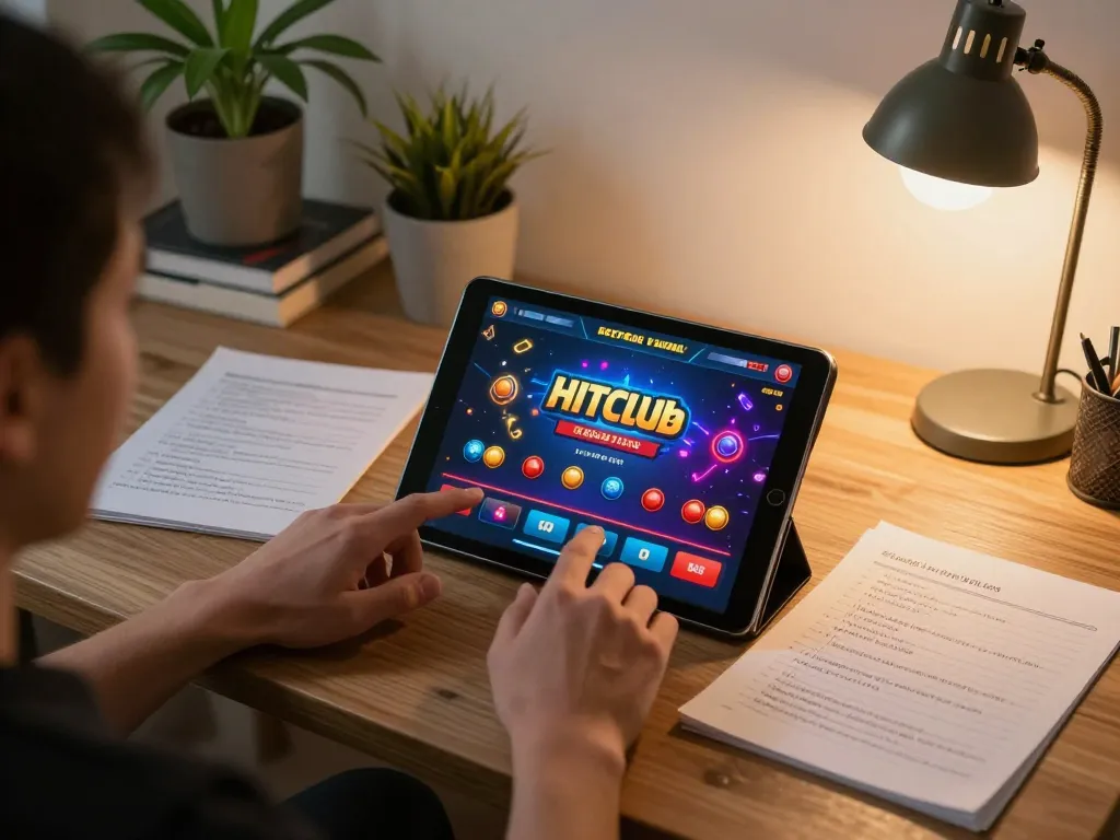 Player enjoying online gaming with Hitclub app on tablet, showcasing strategy-focused environment