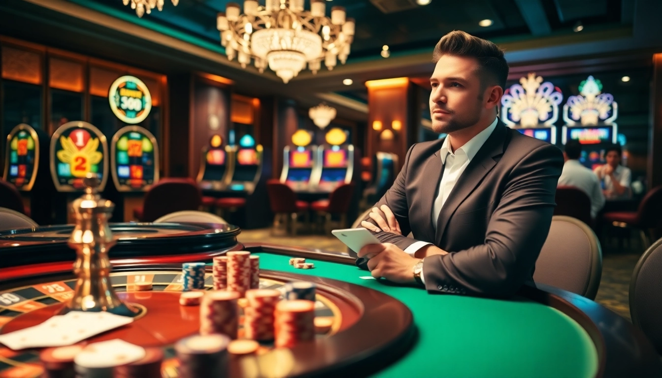 Experience the excitement at 58WIN with dynamic poker and roulette scenes in a luxurious casino setting.