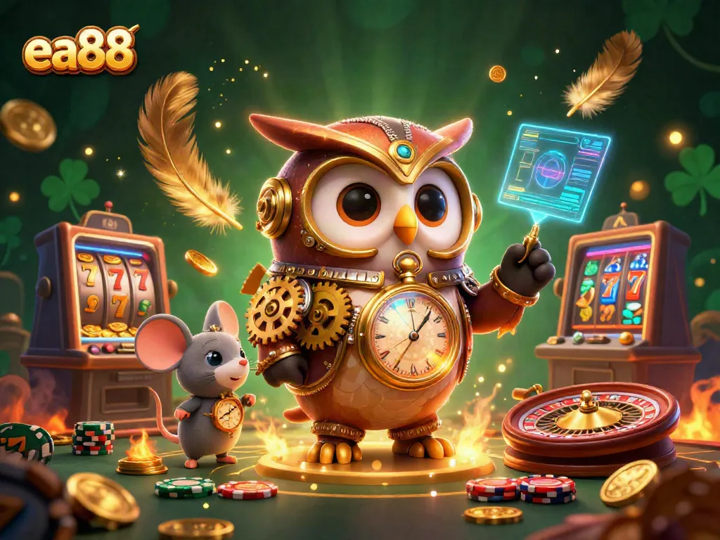 Experience thrilling gameplay with ea88 as a time-traveler owl and mouse explore a vibrant, dynamic casino scene.