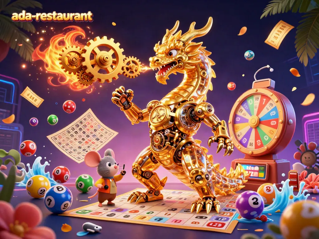 Experience the vibrant world of ada-restaurant with a golden dragon and dynamic casino games in action.