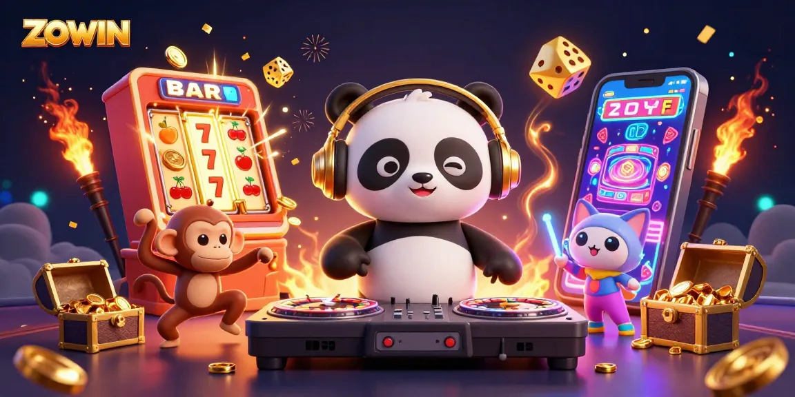 ZOWIN's vibrant casino scene features a DJ panda and friends celebrating a jackpot explosion.