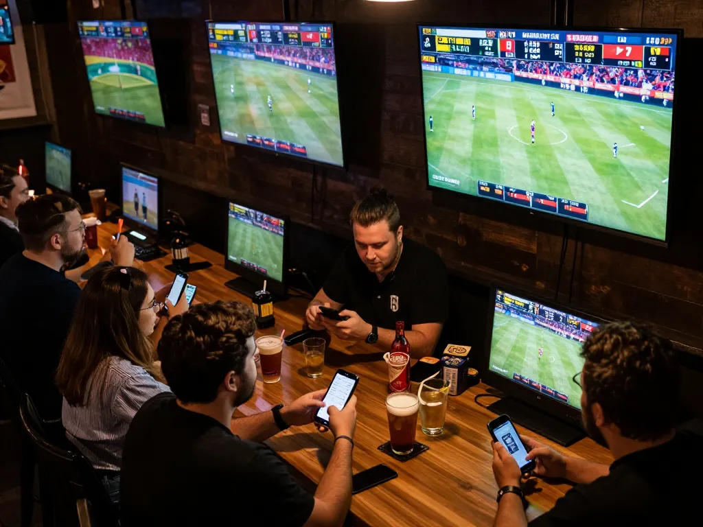 Net88 bettors engaged in live sports betting, celebrating wins and analyzing strategies in a vibrant sports bar.