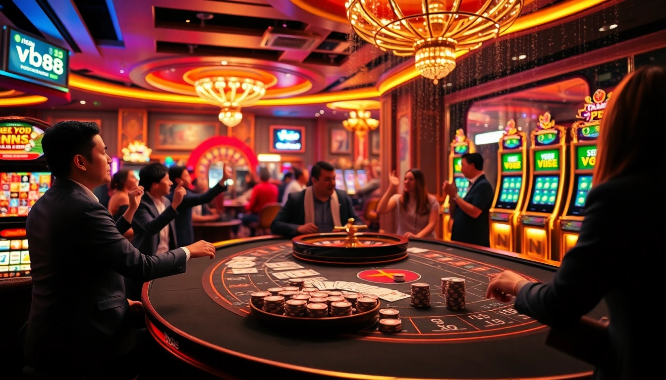 Experience thrilling gameplay at vb88 with vibrant casino tables, exciting slot machines, and cheering gamblers.