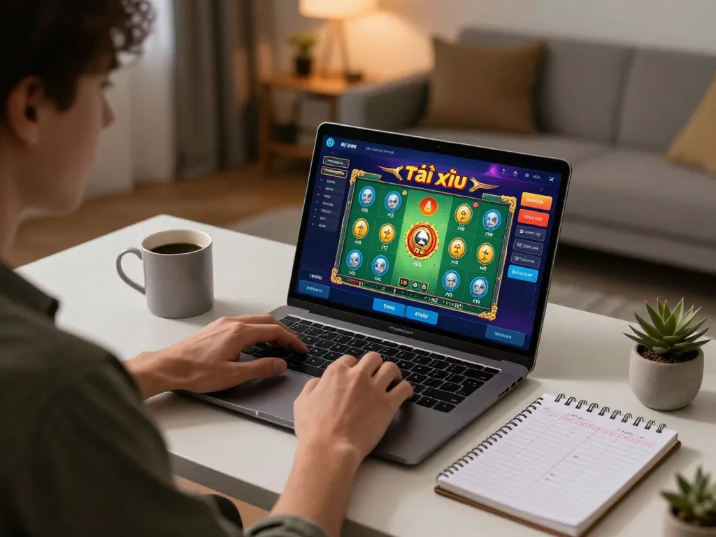 Player actively enjoying app tài xỉu online uy tín on a laptop in a cozy home setting.