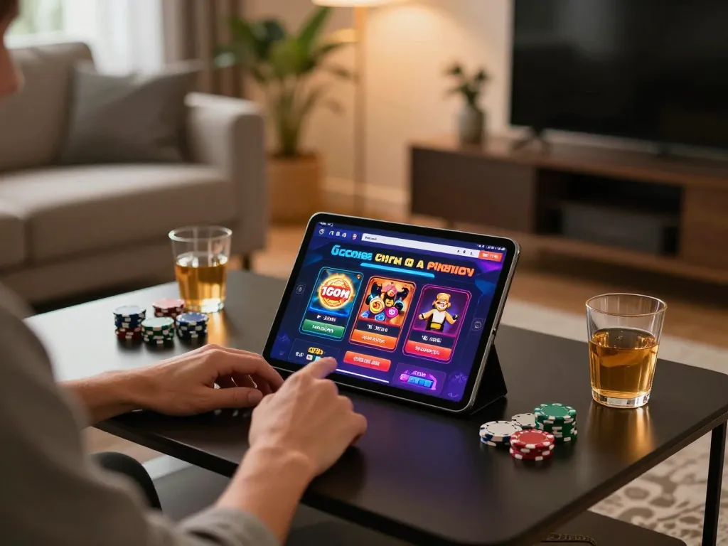 Engaging with 1GOM casino interface on a tablet in a cozy home gaming environment