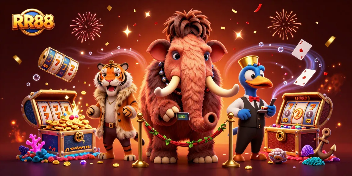 Experience the vibrant world of RR88 with a cartoon-style casino illustration featuring unique characters.