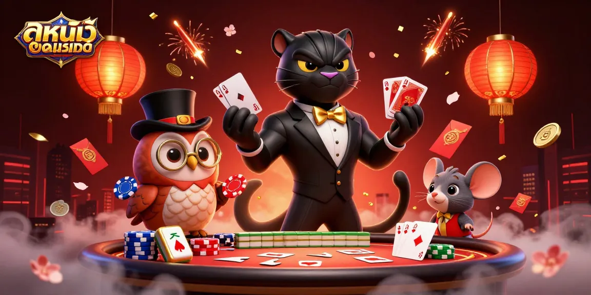 Engage with ดูหนังออนไลน์ as the black panther elegantly deals cards at a vibrant casino scene.