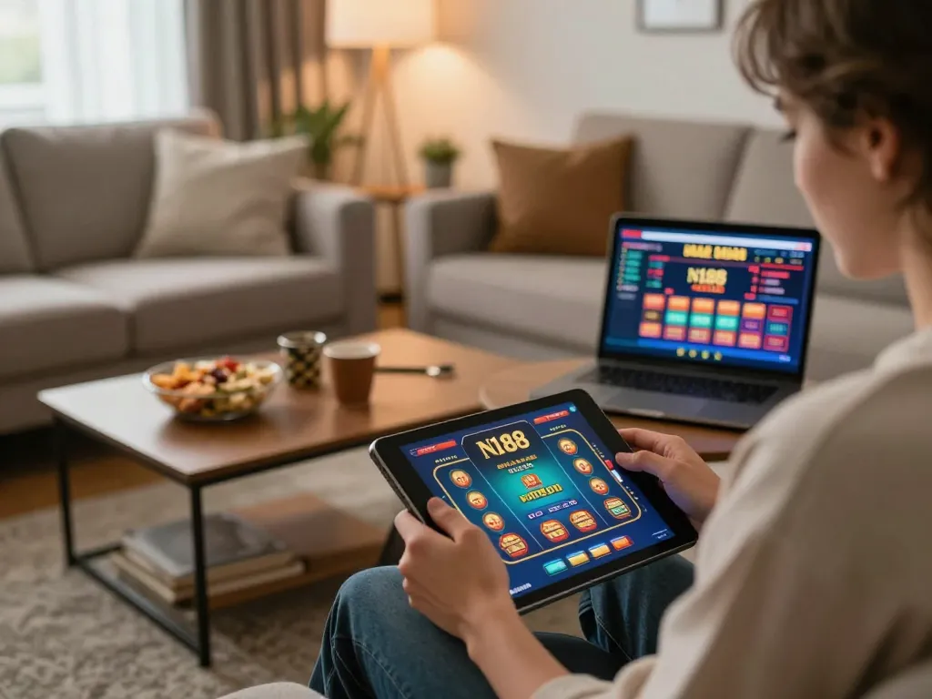 N188 casino player enjoying online gaming on a tablet in a cozy home setting
