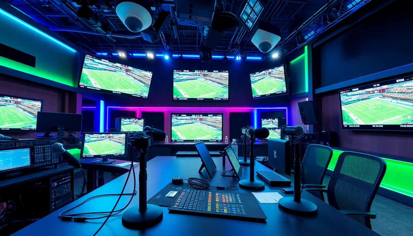 Anchors discussing live sports broadcasting trends in a modern studio setup.