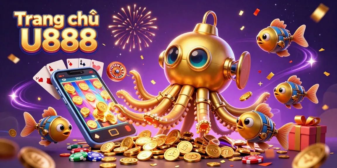 Engage with Trang chủ U888 through immersive slots gameplay illustrated by a golden kraken submarine.