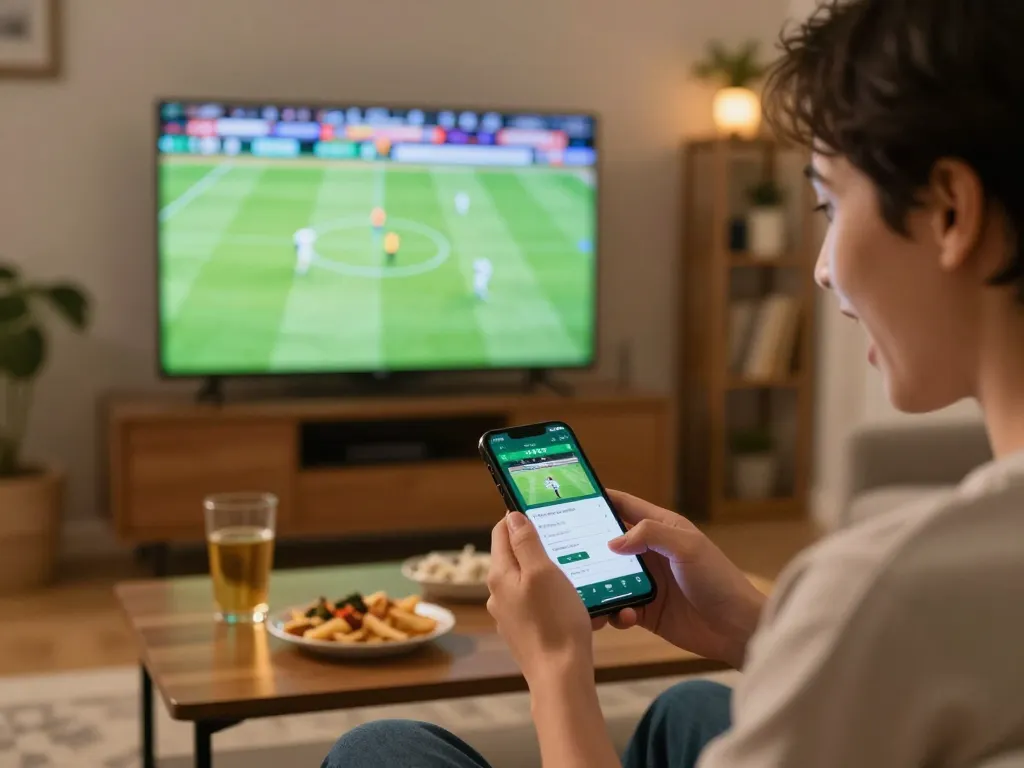 Kèo Nhà Cái Hôm Nay during an exciting live football betting session at home, showcasing smartphone action.
