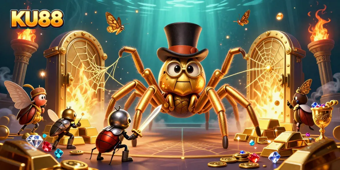 Engage with thrilling games at KU88 as a giant golden tarantula weaves excitement in the casino.