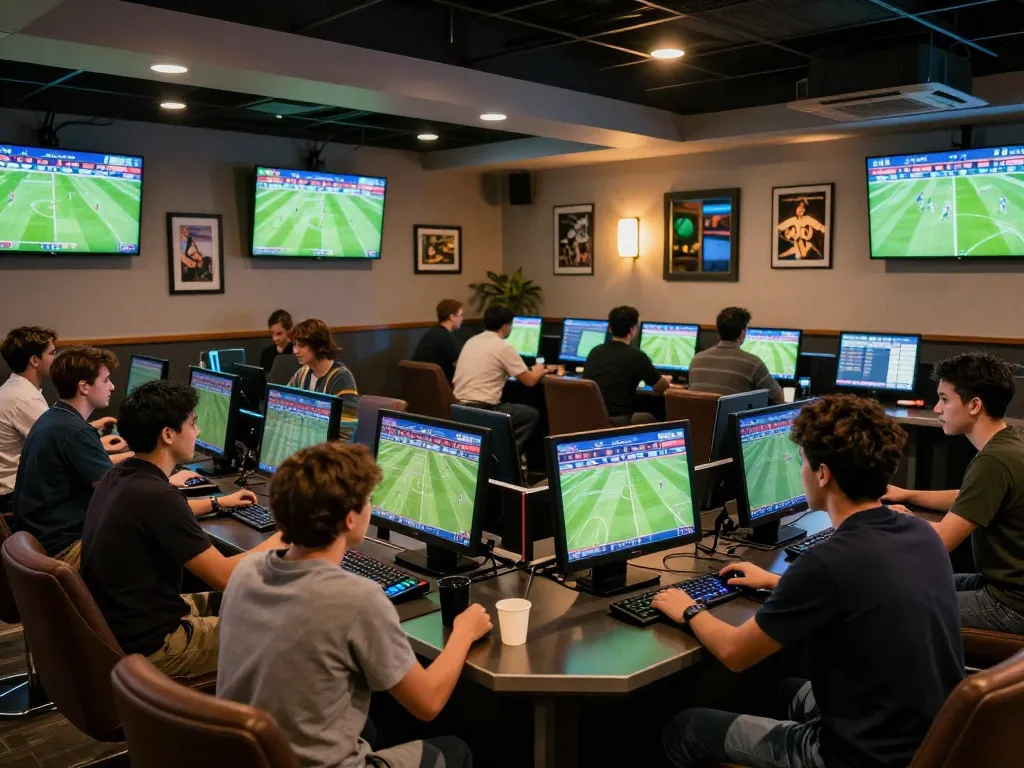 Bongdalu offers an interactive sports betting experience with patrons engaging at high-tech terminals amid a vibrant atmosphere.
