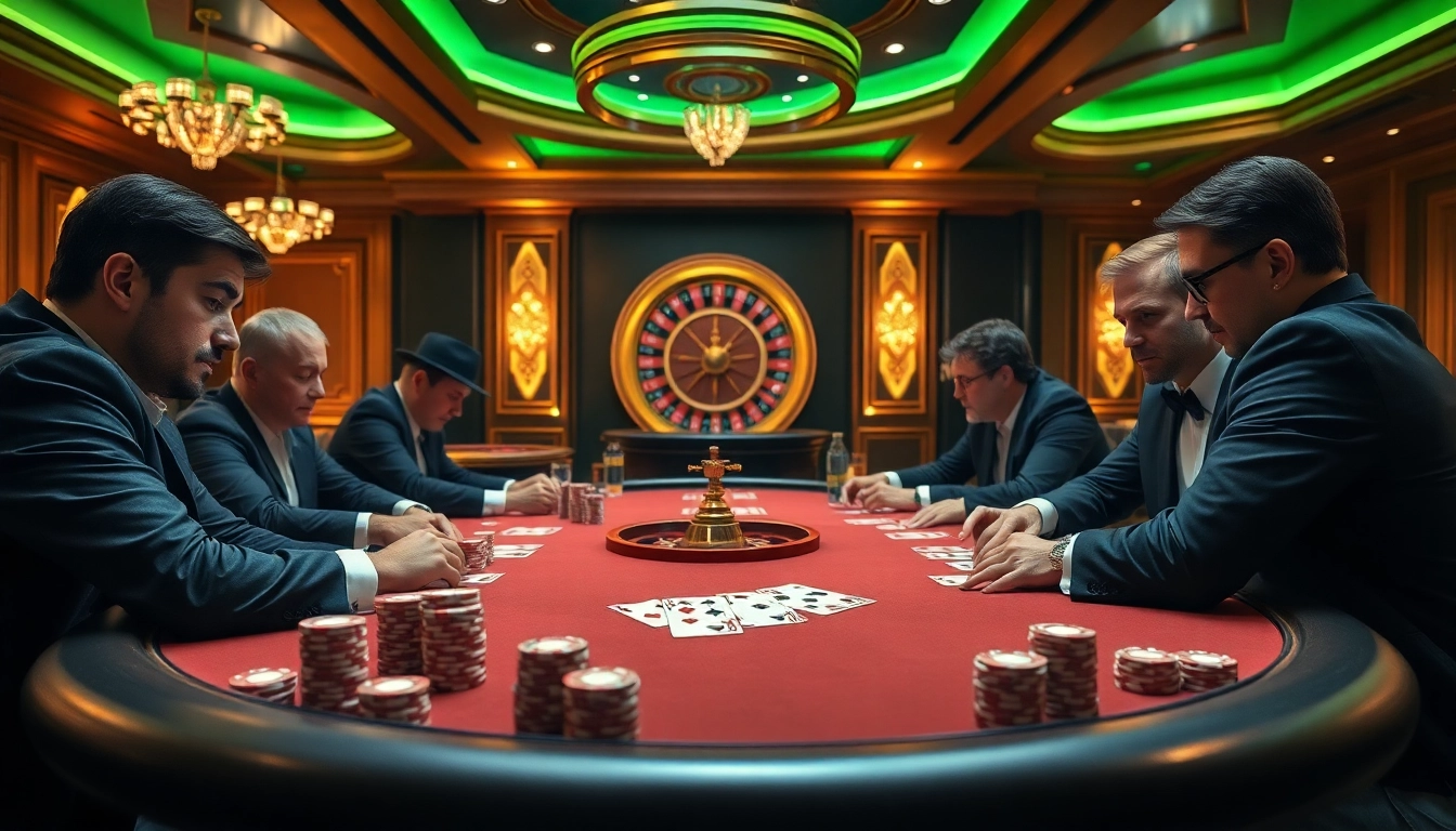 High-stakes poker action at Thabet77 featuring elite players and vibrant casino ambiance.