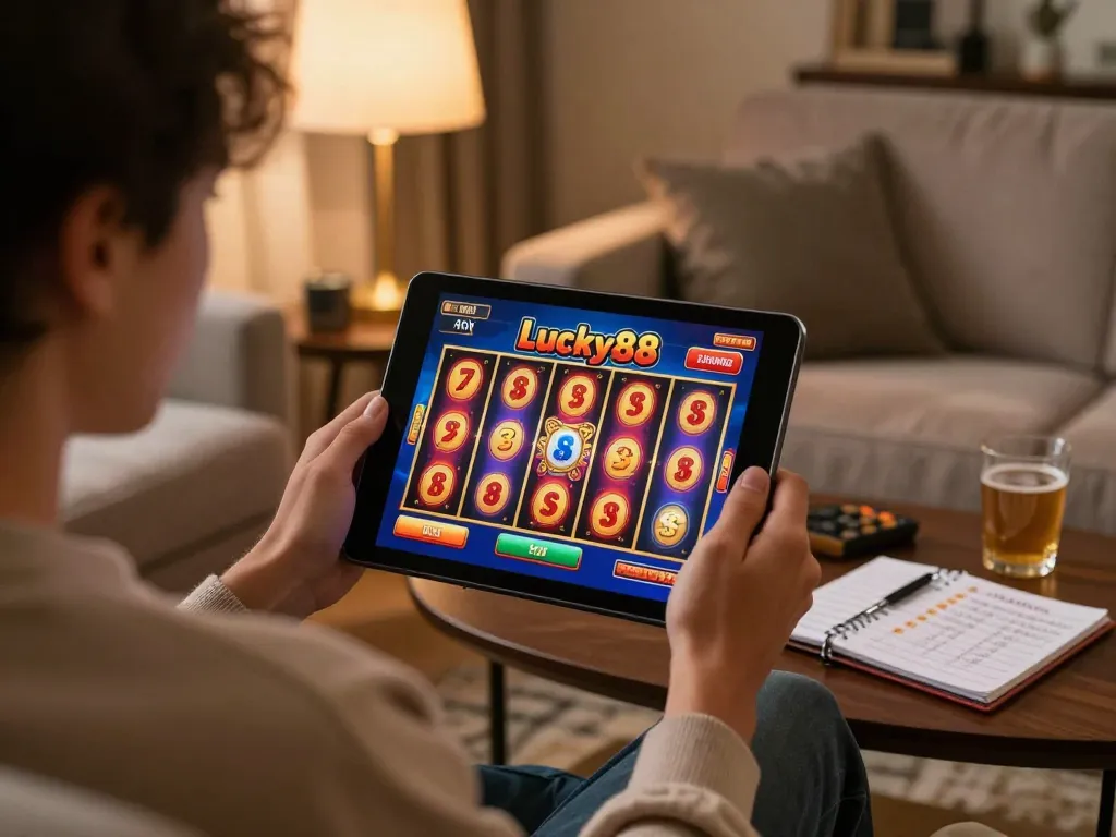 Engaged player spinning Lucky88 slot game on a tablet in a cozy living room setting.