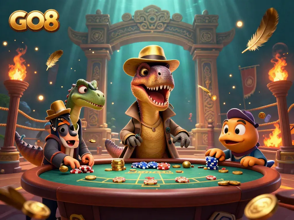 GO8 velociraptor card counter at blackjack table, surrounded by casino elements and dramatic lighting.