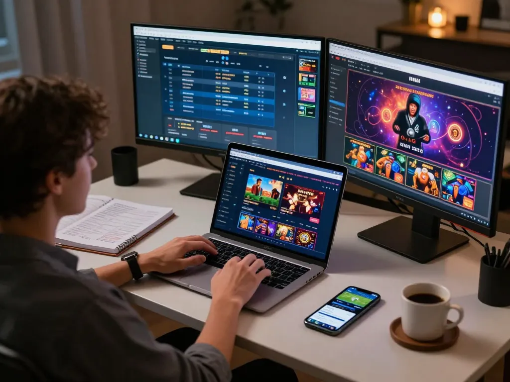 Person engaging in online gambling using laptop and smartphone, exploring transporthydraulics strategies.