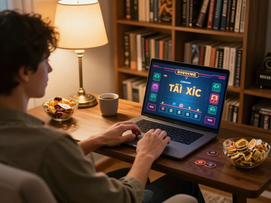 Tài Xỉu online being played on a laptop with live dealer game interface in a cozy home setting.