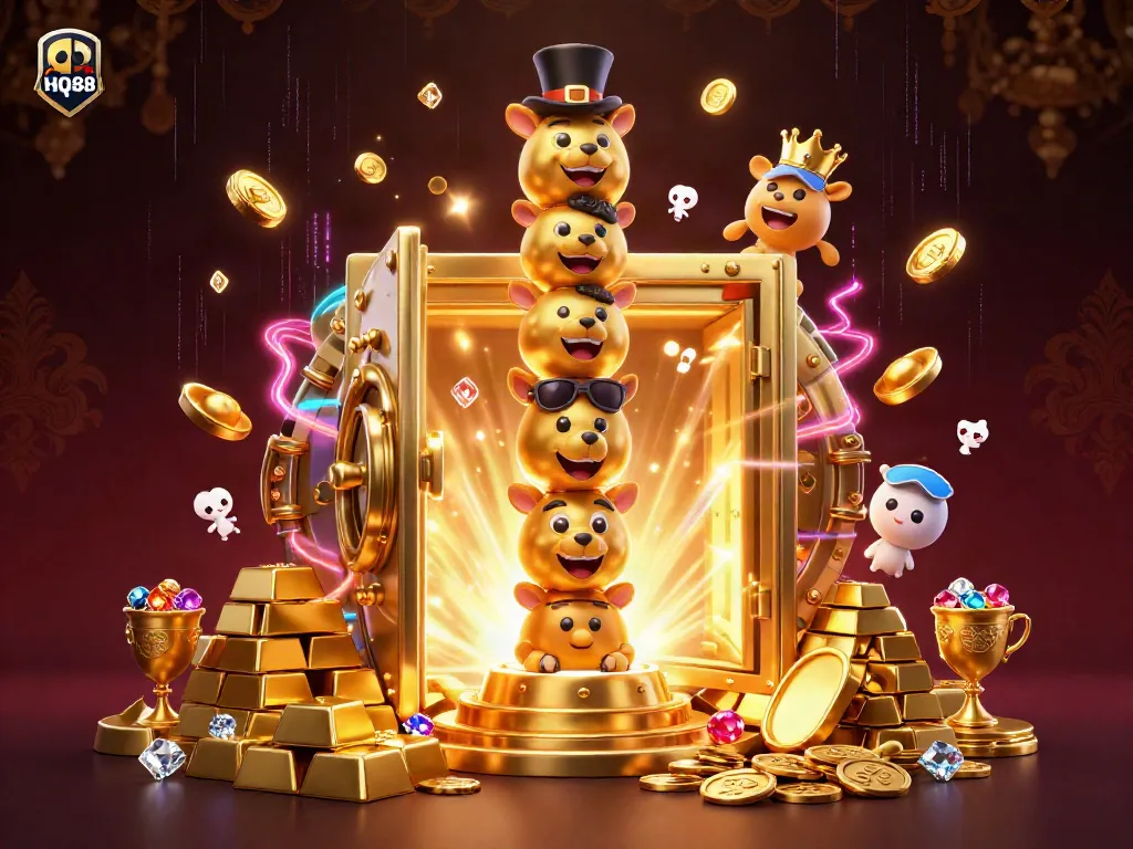 Engage in thrilling gameplay at HQ88 with vibrant casino elements, gold treasures, and 3D characters.