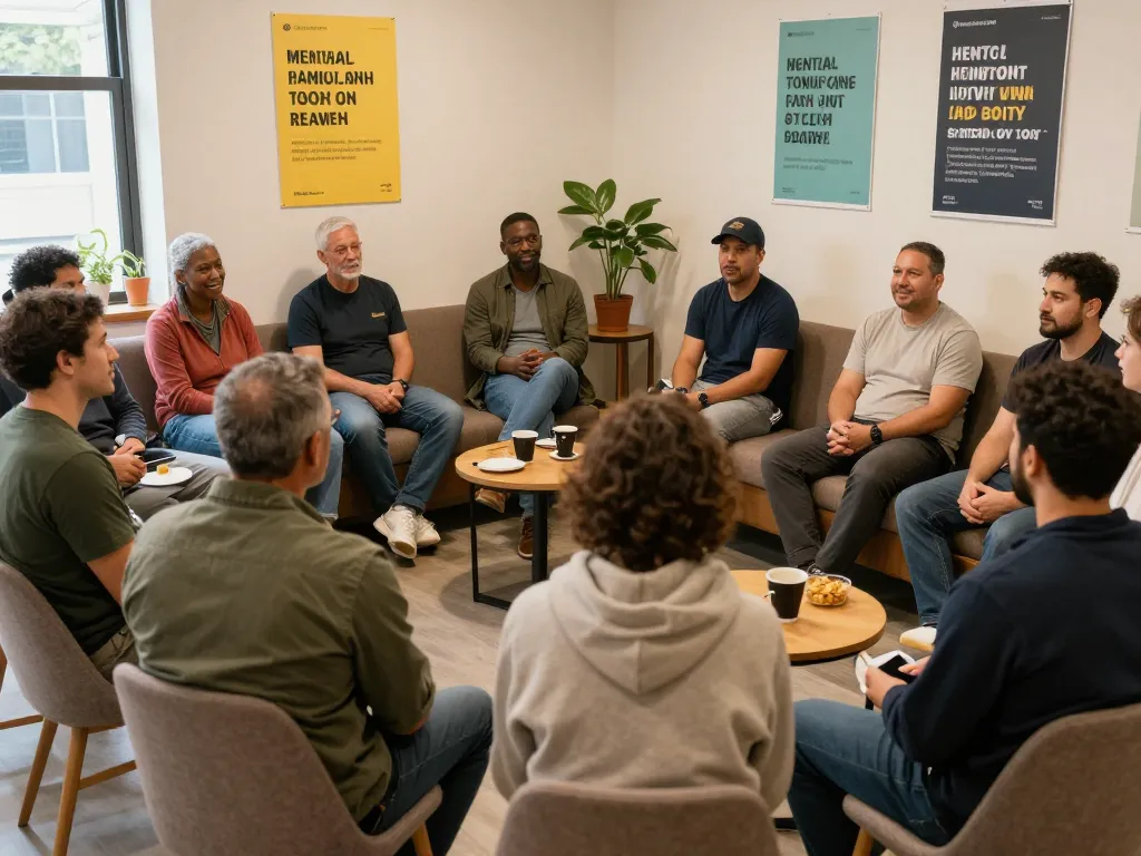 Men at a manclub support session sharing experiences in a warm environment