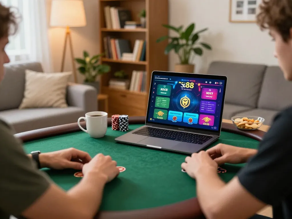 Engaging in online poker using the sc88 app on a cozy living room table with snacks.