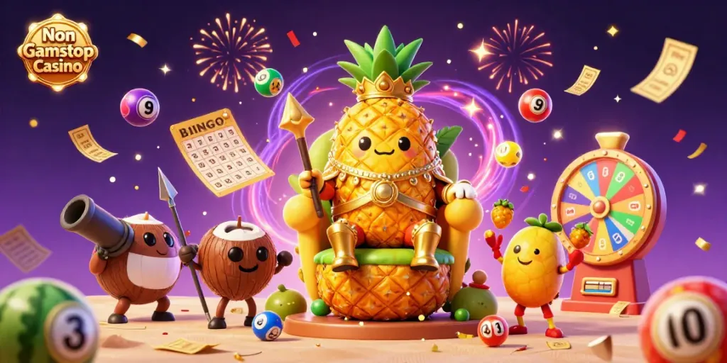 Experience the thrill of Non Gamstop Casino with vibrant characters and game elements in an engaging beach scene.