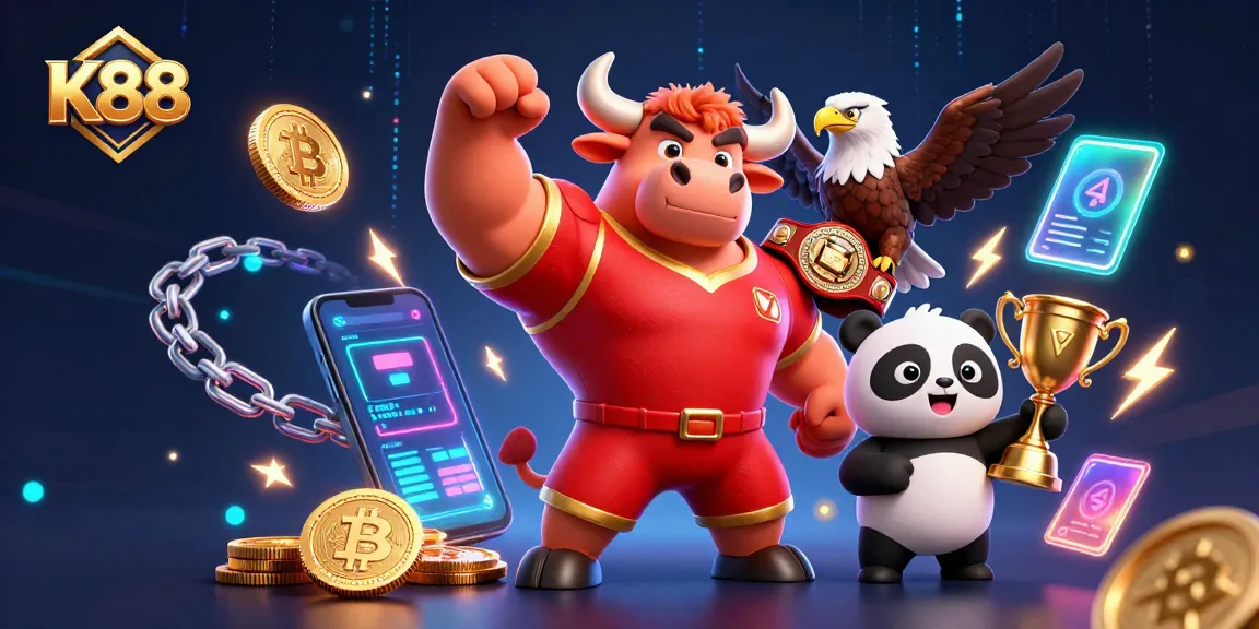 K88 showcases an energetic victory scene with casino-themed characters and crypto elements.