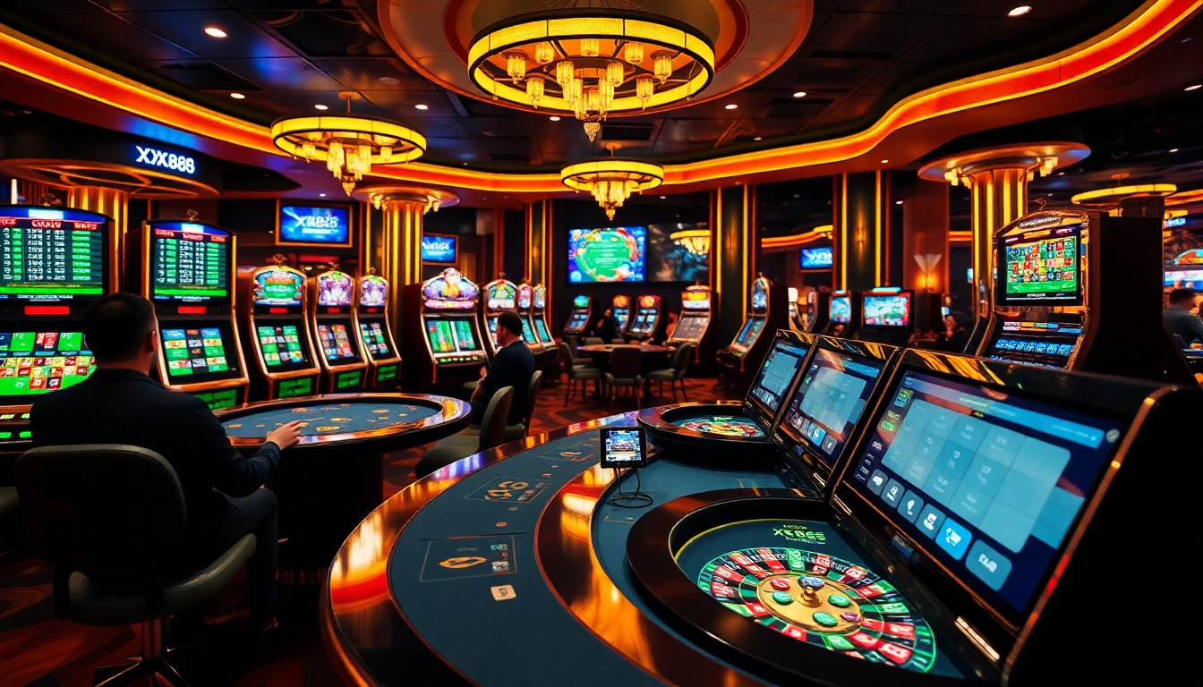 Exciting online gambling action at https://xx88.pro/ with players at casino tables and vibrant slot machines.