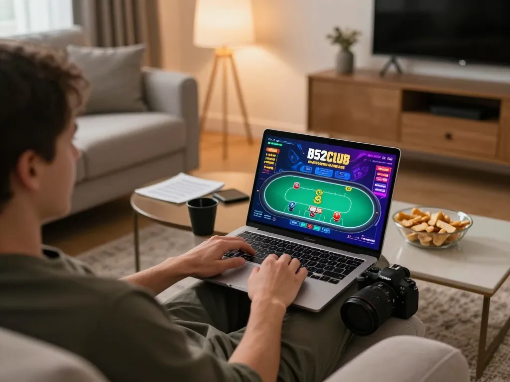 B52Club online gaming setup with a player focused on a poker game, cozy home environment illuminated warmly.