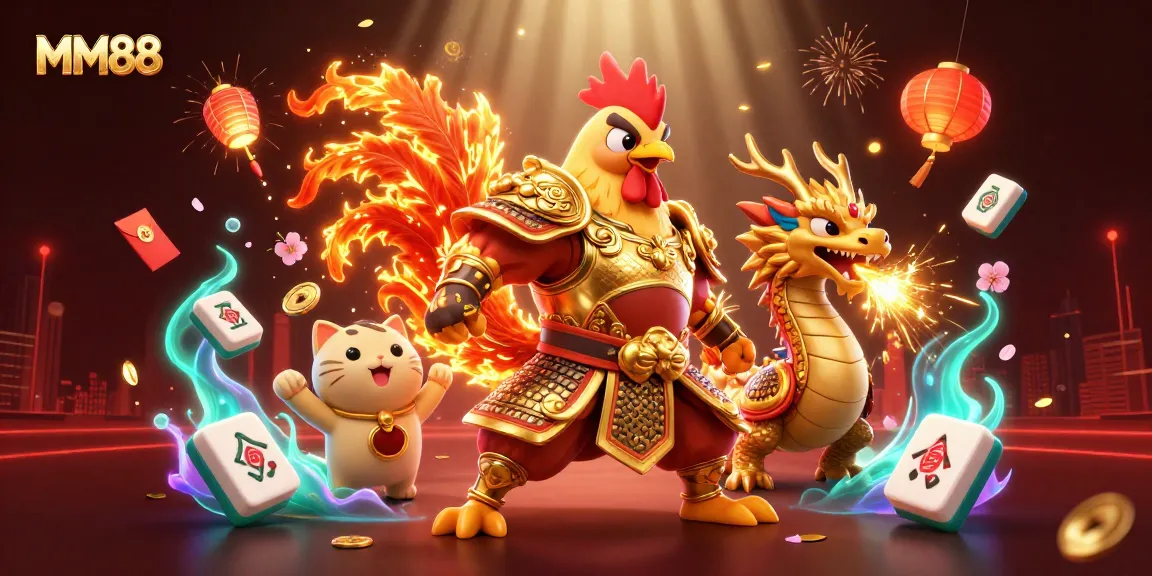 Experience thrilling moments at MM88 with a dynamic illustration featuring a rooster warrior in samurai armor.