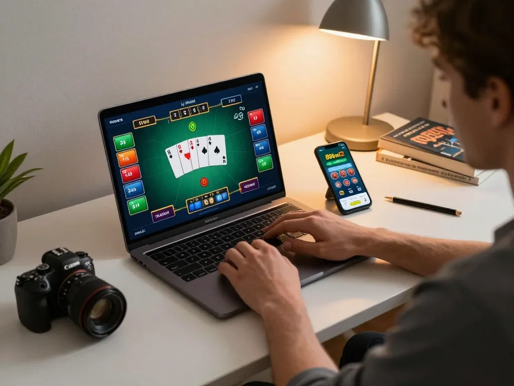 Engaging in online poker gameplay on 89bet2 app with coffee nearby.