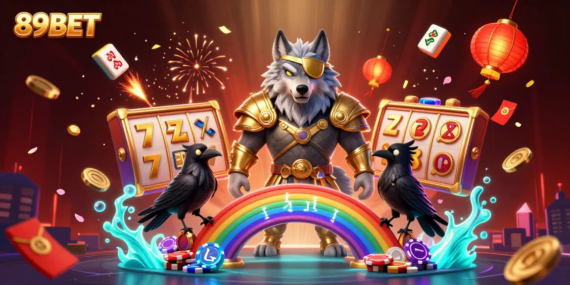 Experience the thrill of winning with 89BET in a dynamic casino illustration featuring mythological elements and vibrant game symbols.