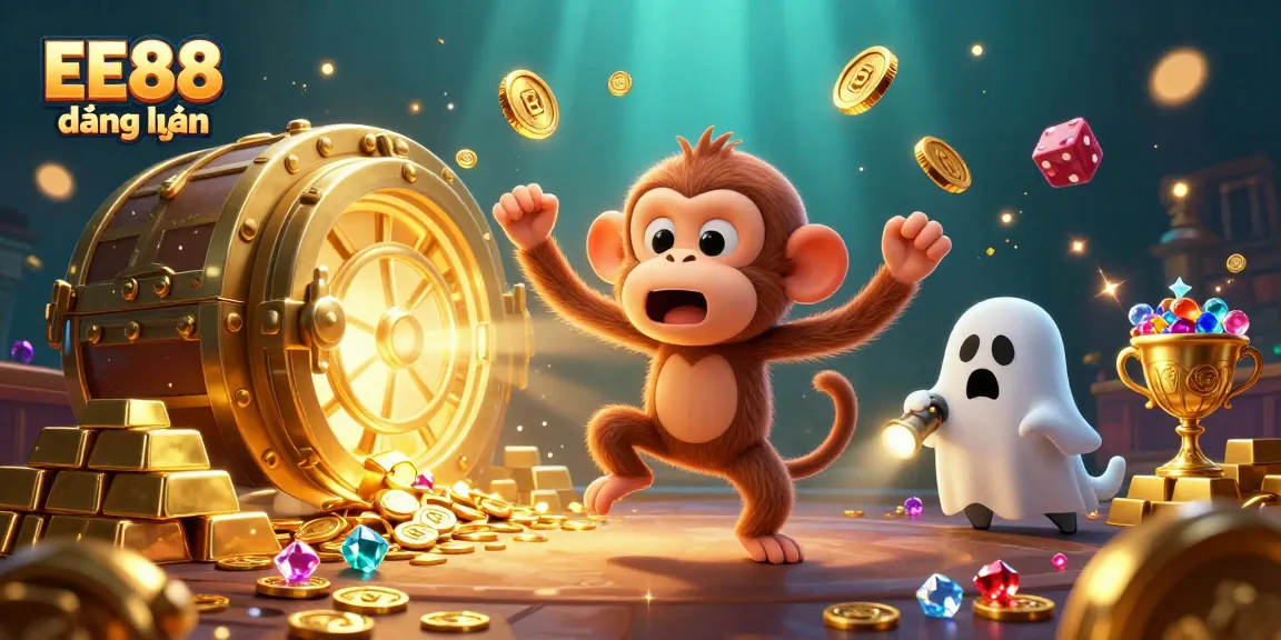 Experience EE88 đăng nhập with a mischievous poltergeist monkey and ghost-hunter puppy in a vibrant haunted casino scene.