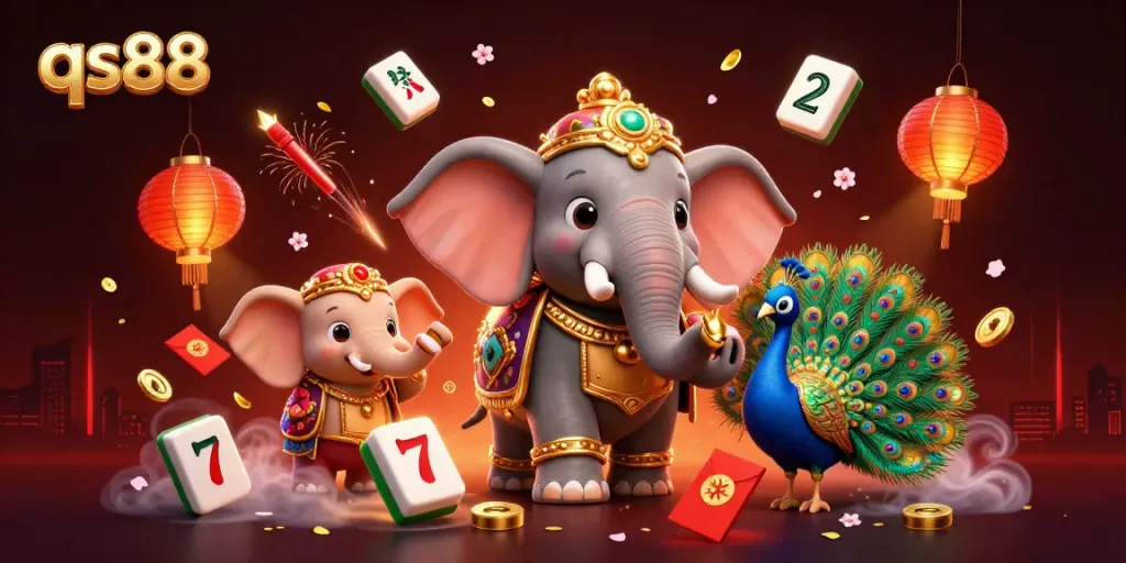 Engage with qs88's vibrant online gaming world through this energetic casino scene filled with slot reels and festive elements.