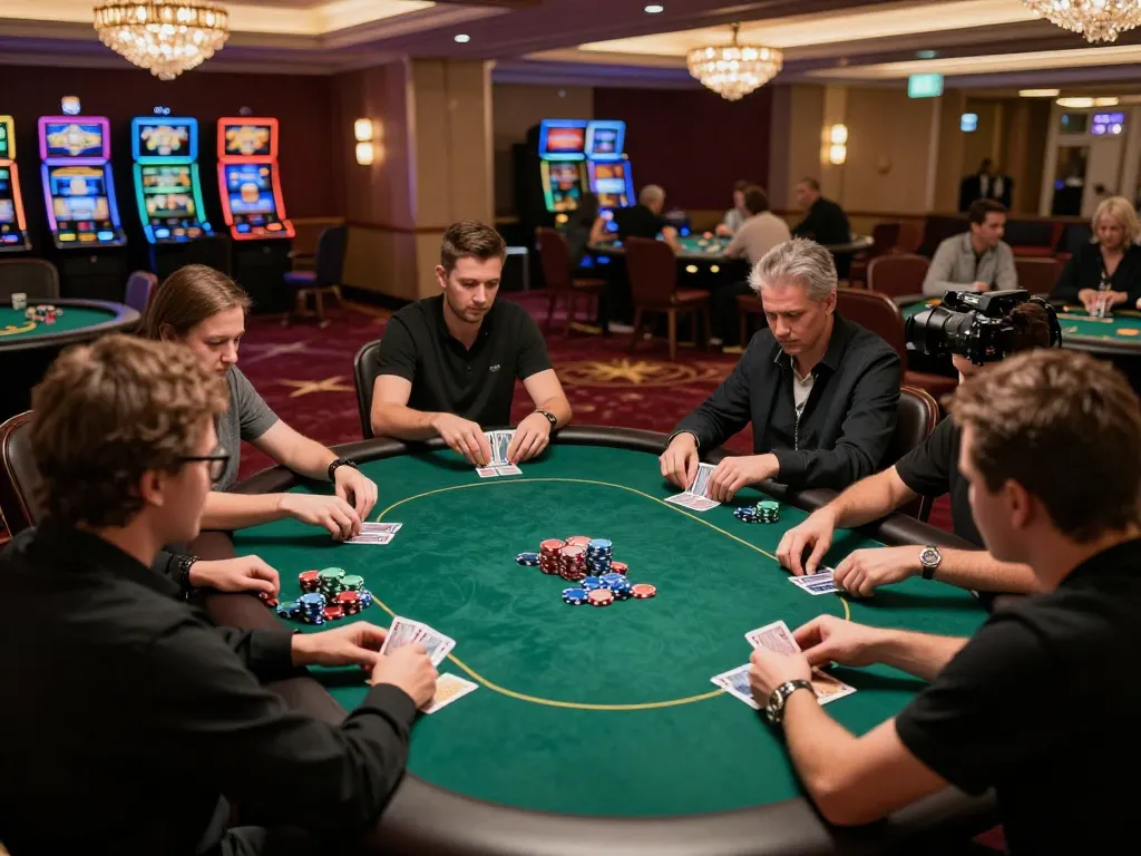 Players engaged in a strategic poker game at an upscale casino, showcasing intense focus and excitement, featuring the keyword nowgoal.