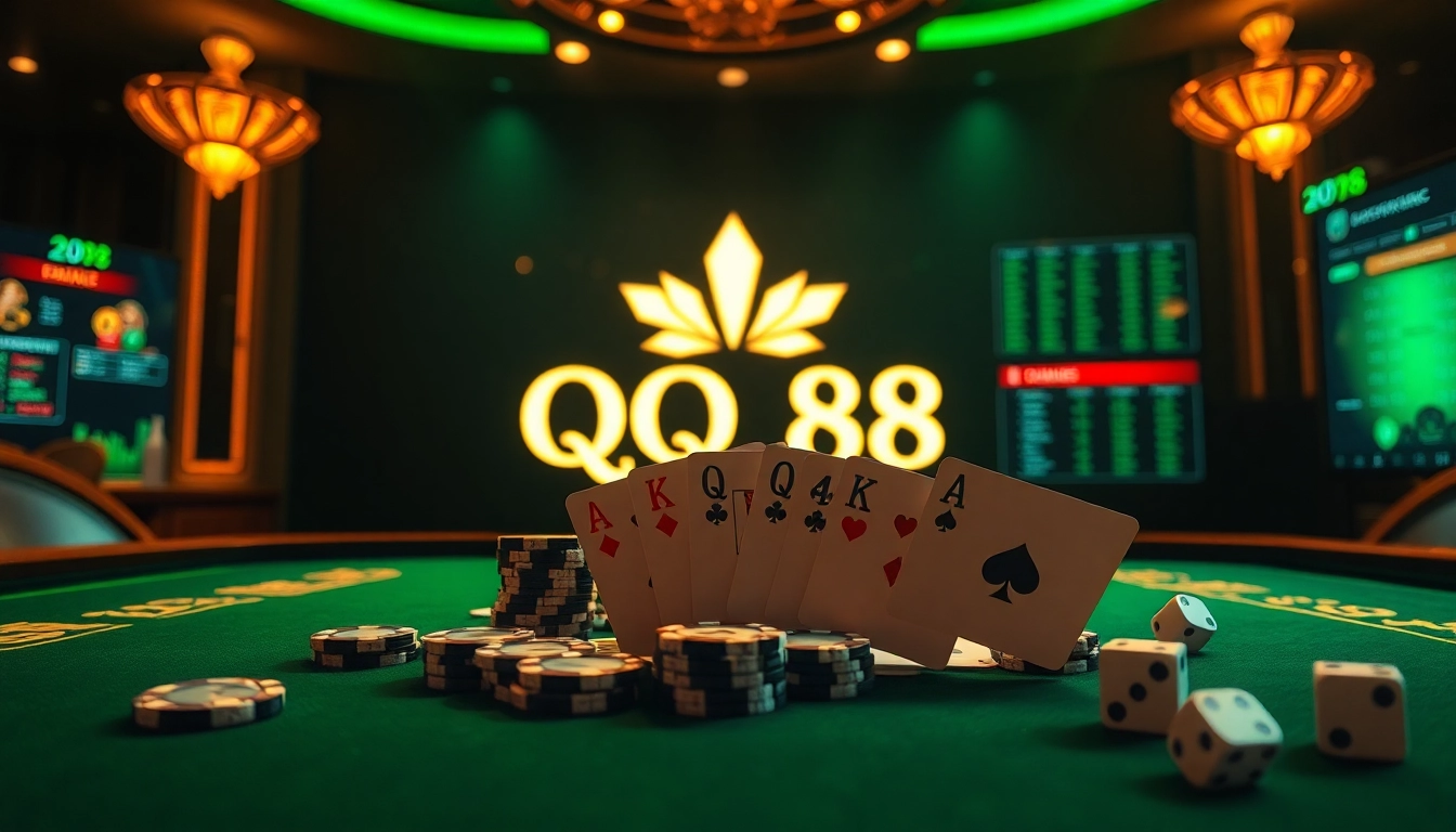 Experience the excitement of gambling at QQ88 with luxurious casino tables and vibrant gaming elements.