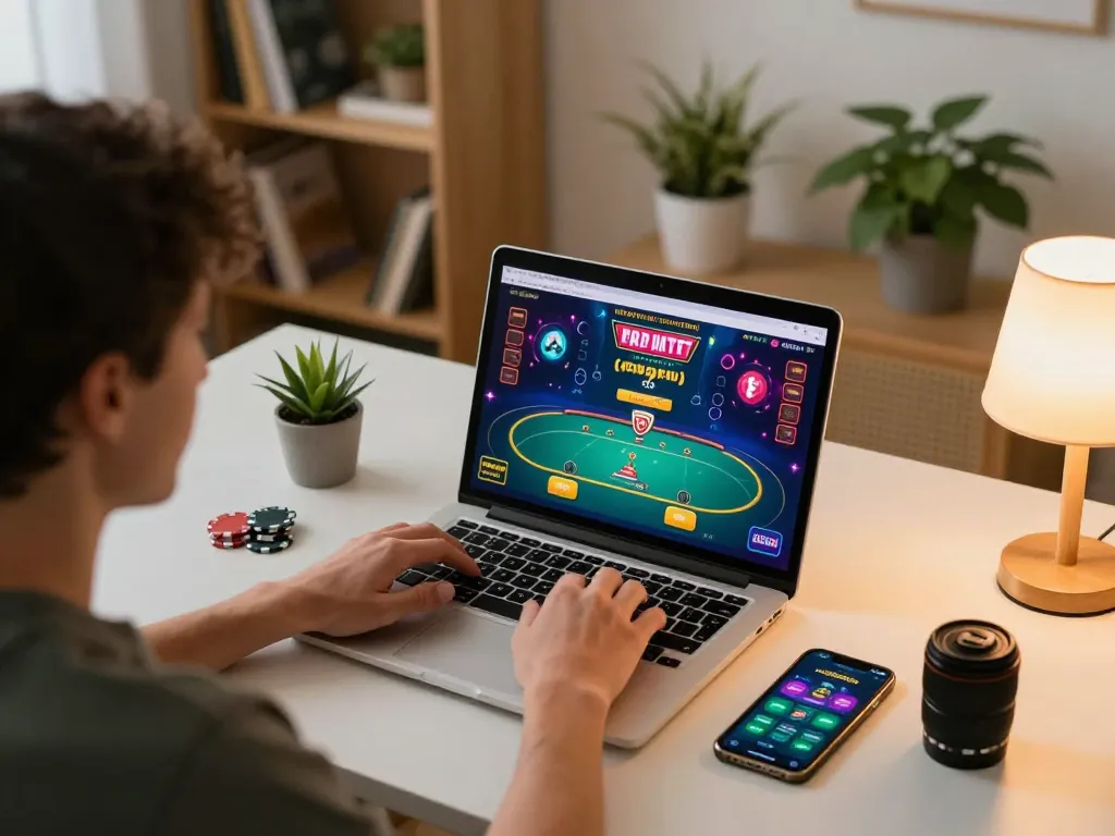 Play online poker with alc88, showcasing dynamic gameplay on a laptop in a cozy home setting
