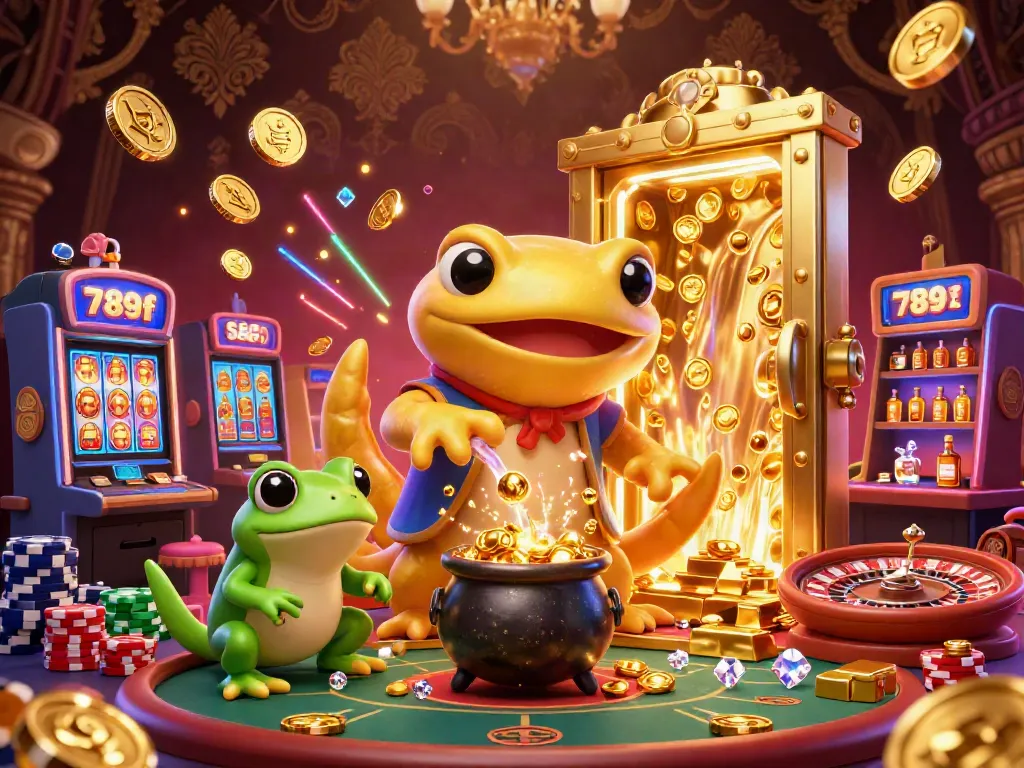 Experience thrilling moments at 789f with a golden salamander transforming base metals into gold coins in a vibrant casino.