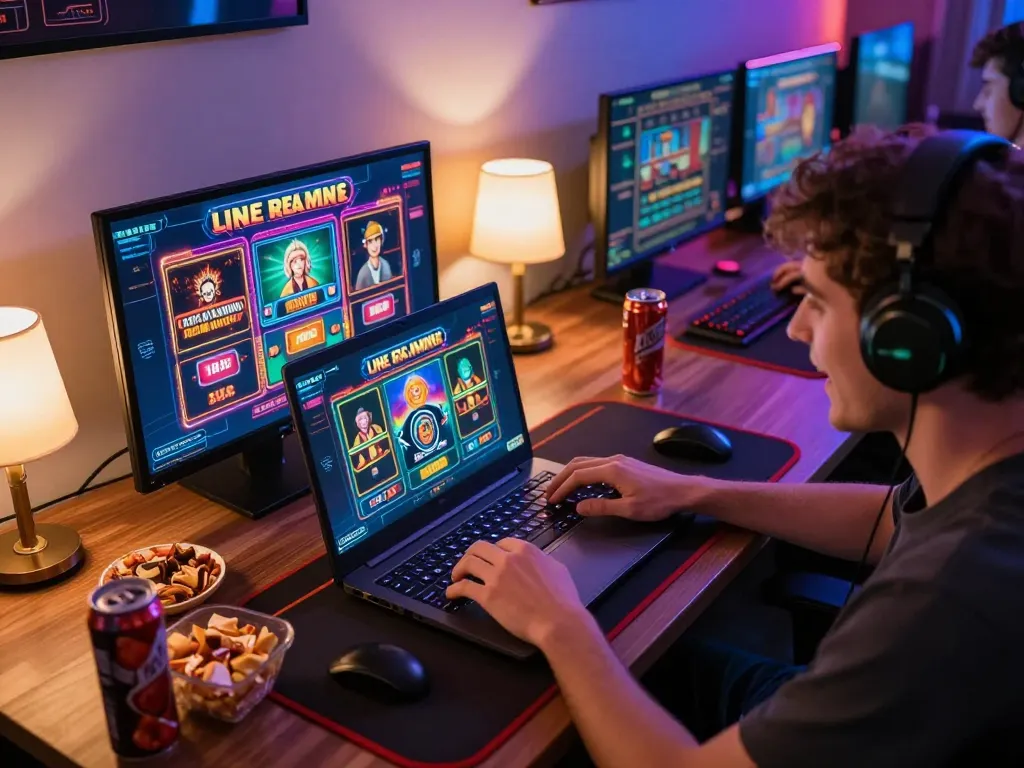 Engaged player using laptop for phtayab live casino slots, excited gaming atmosphere, vibrant setup.